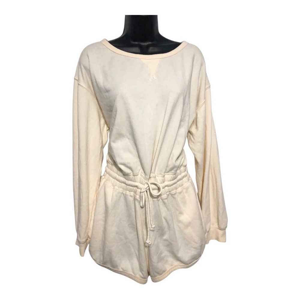 Cream pale wheat long sleeve open back drawstring waist romper size large new